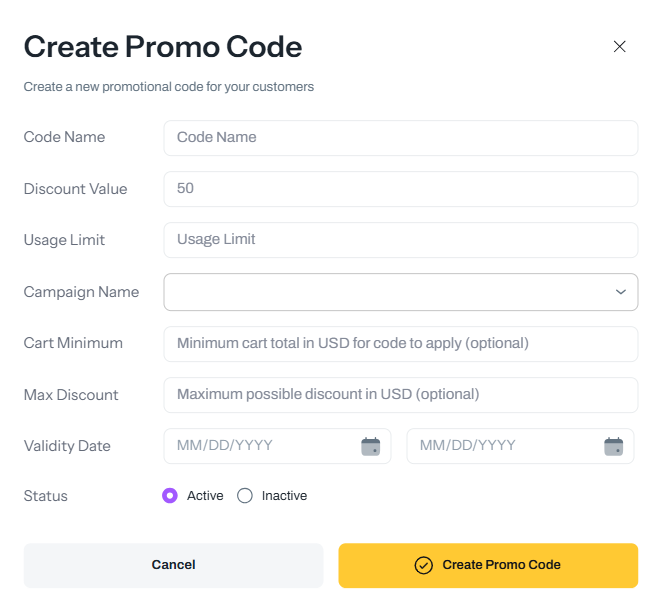 Promo Code Creation Form