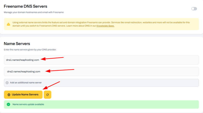 Update Name Servers Button capture