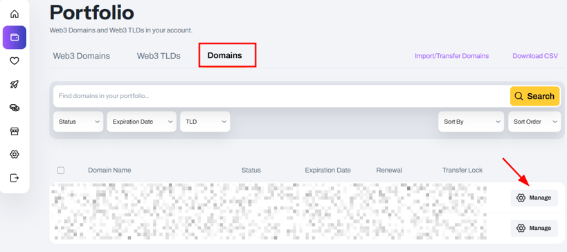 Freename Manage Portfolio Capture