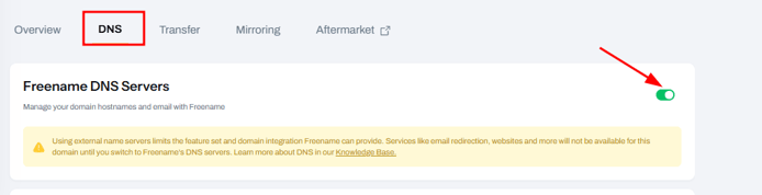 Freename Dashboard: DNS Servers enabled