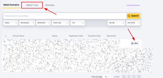 Mint Domain in Freename Dashboard Screenshot