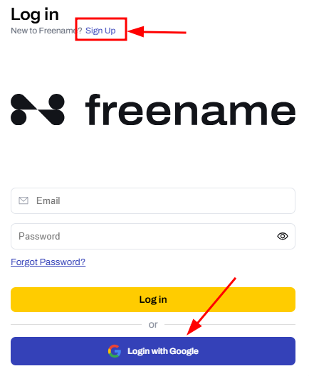Freename Sign-Up/Login form