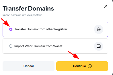 Select Transfer Domain from other Registrar