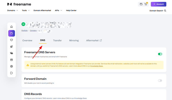 DNS forwarding domain screenshot Freename Dashboard