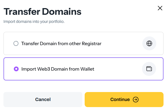 Import-Transfer Web3 Domains into Wallet Screenshot