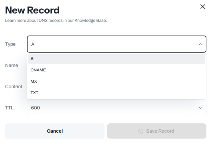 How to add new A Record screenshot